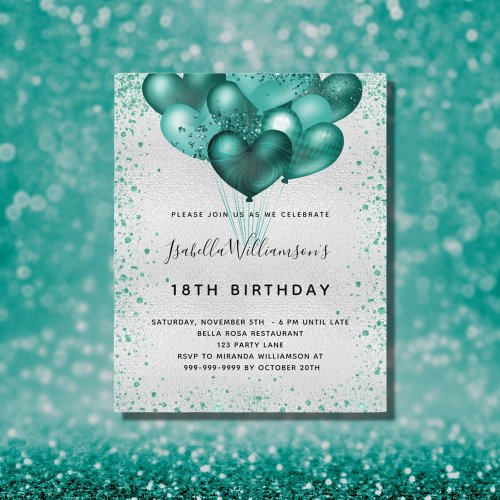 Budget birthday silver teal glitter invitation