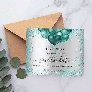 Budget birthday silver teal glitter save the date