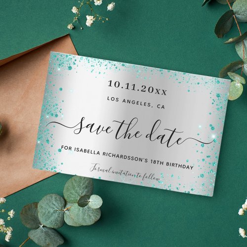 Budget birthday silver teal glitter save the date