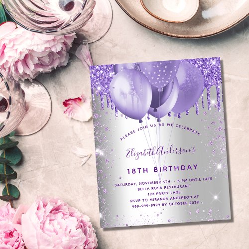 Budget birthday silver violet glitter invitation