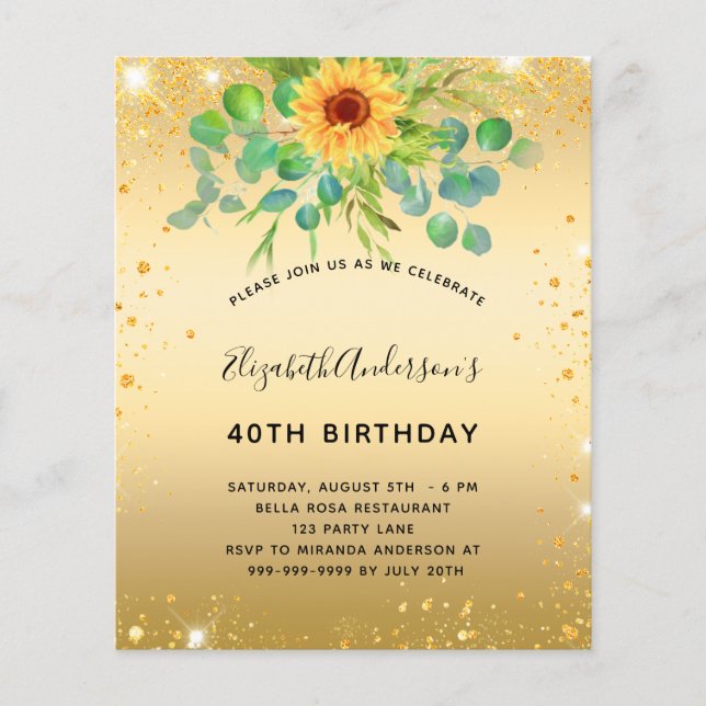 Budget birthday sunflower eucalyptus gold glitter (Front)