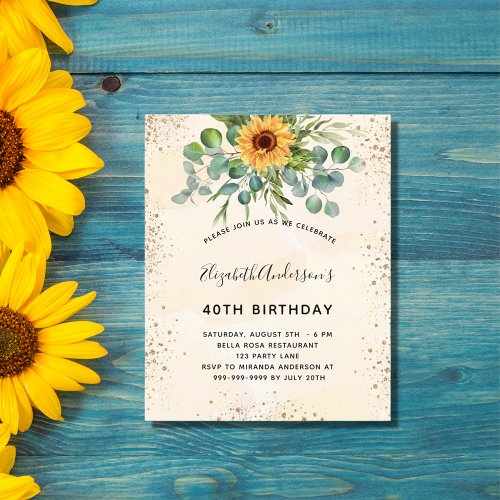 Budget birthday sunflower eucalyptus invitation