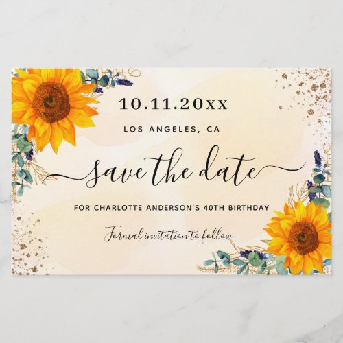 Budget birthday sunflower eucalyptus save the date