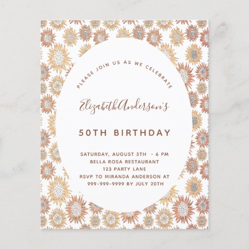 Budget birthday sunflower white gold invitation