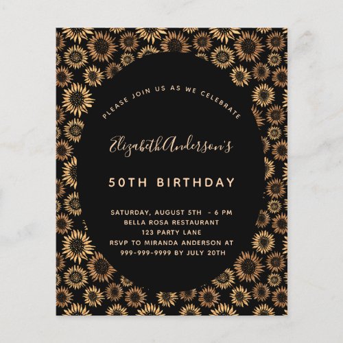 Budget birthday sunflowers black gold invitation