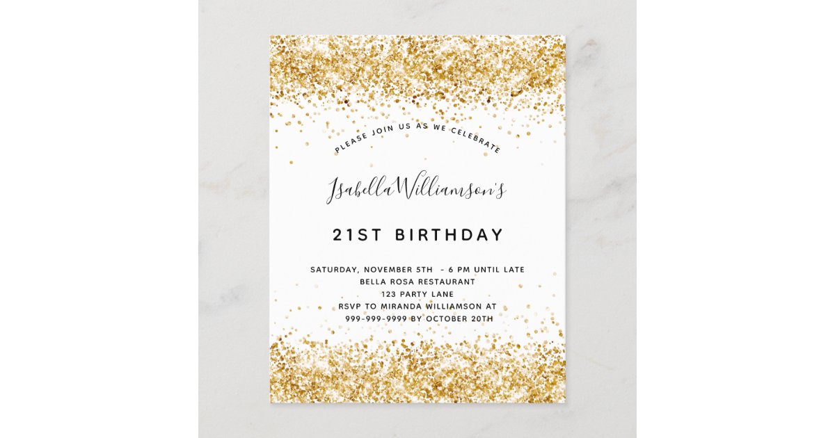 Budget birthday white gold glitter invitation | Zazzle