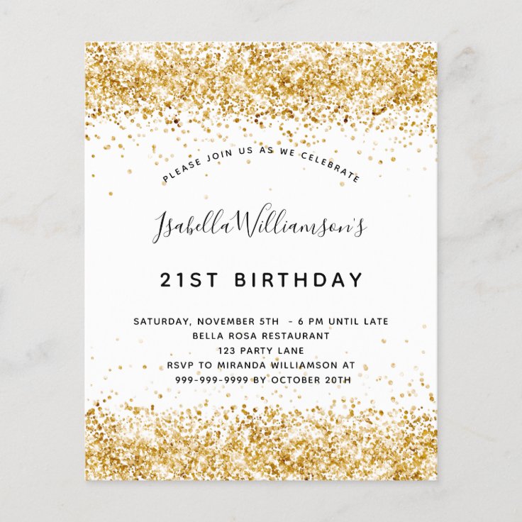 Budget birthday white gold glitter invitation | Zazzle