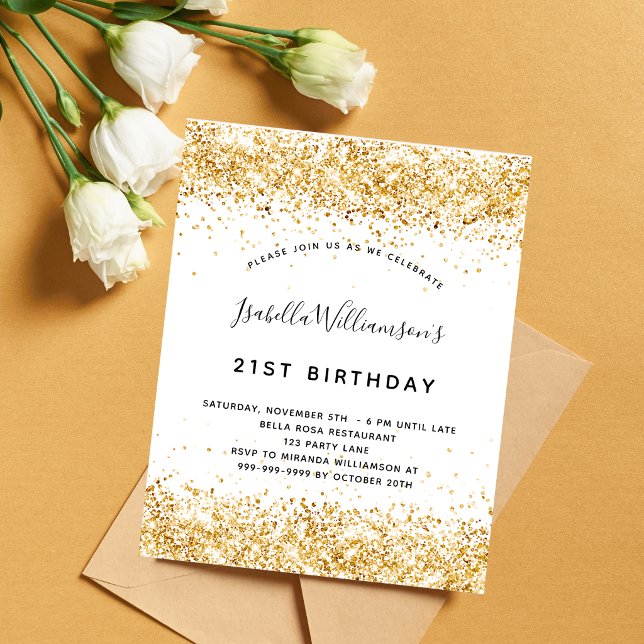 Budget birthday white gold glitter invitation