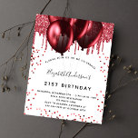 Budget birthday white red glitter invitation<br><div class="desc">For an elegant 21st (or any age) birthday.  A stylish white background. Decorated with red faux glitter and balloons.  Personalize and add a name,  age and party details. The name is written with a hand lettered style script</div>