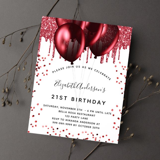Budget birthday white red glitter invitation (Creator Uploaded)