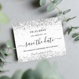 Budget birthday white silver glitter save the date