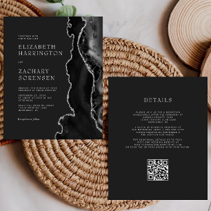Budget Black Agate Silver QR Code Wedding Invite
