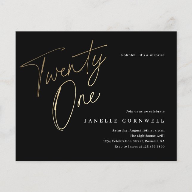 Budget Black and Gold 21st Birthday Invitation (Front)