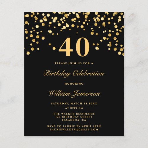 Budget Black And Gold 40th Birthday Party Flyer
