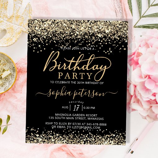 Budget Black and Gold Glitter Birthday Invitation | Zazzle