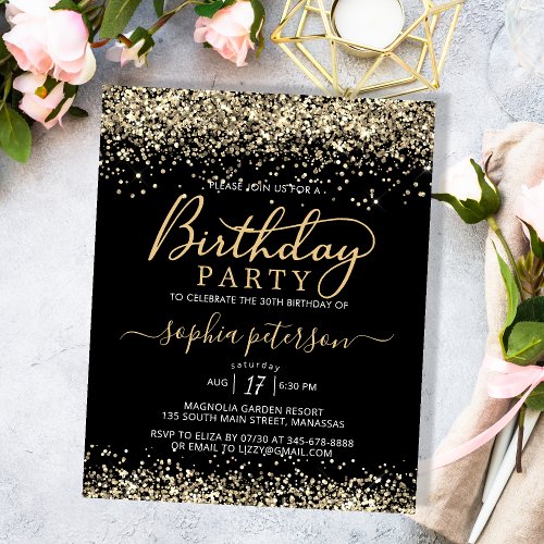 Budget Black and Gold Glitter Birthday Invitation