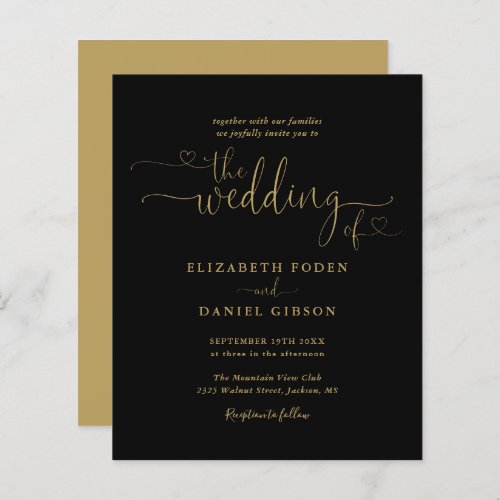 Budget Black And Gold Hearts Script Wedding Invite - This elegant budget wedding invitation can be personalized with your celebration details set in chic gold typography on a black background. Designed by Thisisnotme©