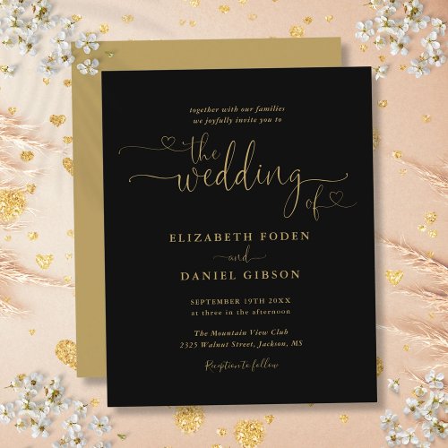 Budget Black And Gold Hearts Script Wedding Invite