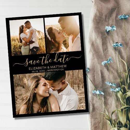 Budget Black and Gold Script Photo Save The Date