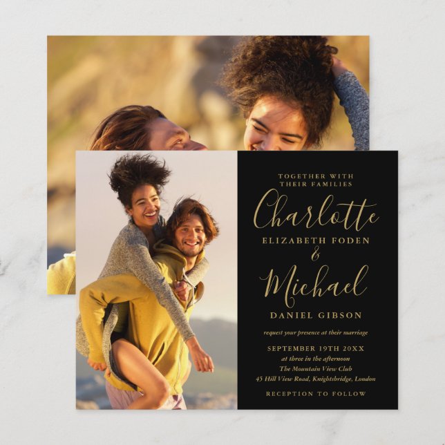 Budget Black And Gold Script Photos Wedding Invite (Front/Back)