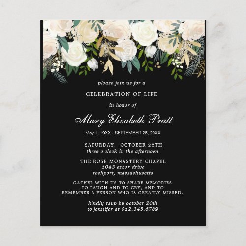 Budget Black and White Floral Funeral Invitation