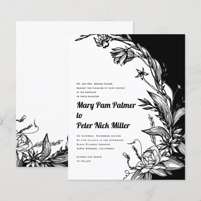 BUDGET Black and white floral wedding invitation (Front/Back)