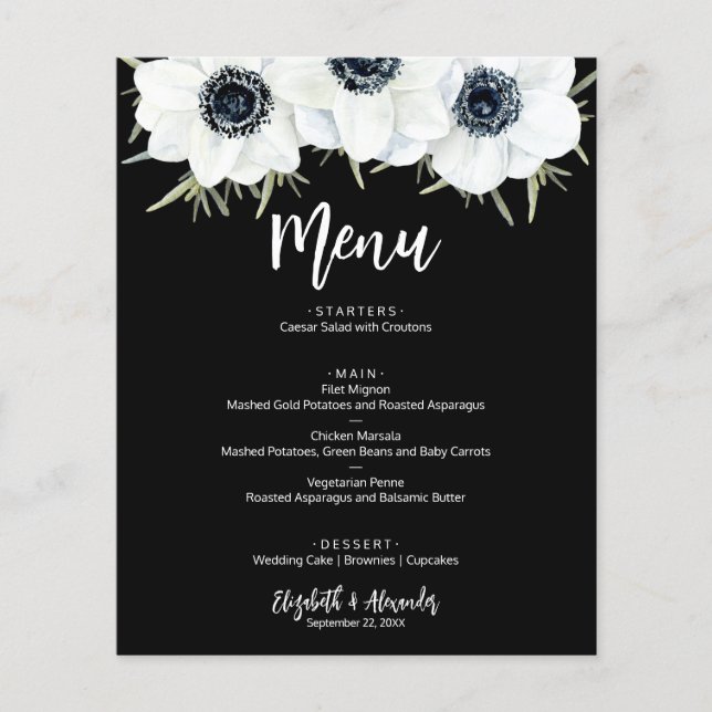 Budget Black and White Floral Wedding Menu Flyer (Front)