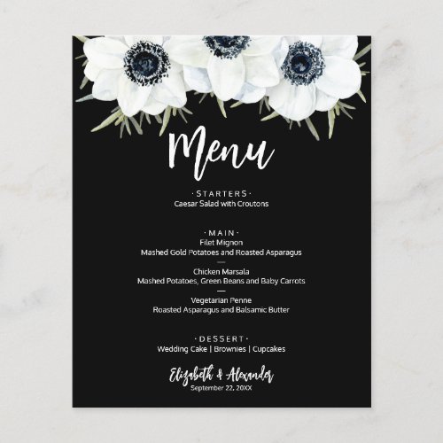 Budget Black and White Floral Wedding Menu Flyer