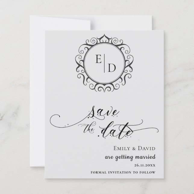 Budget Black and White Monogram Whimsical Wedding (Front)