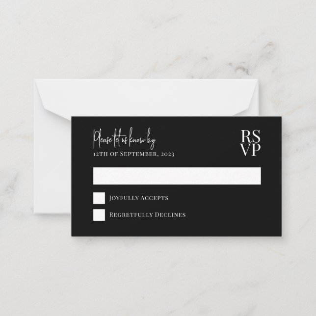 BUDGET Black and White Wedding RSVP Note Card (Front)