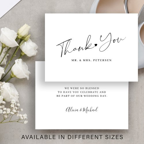 Budget black and white wedding thank you script note card