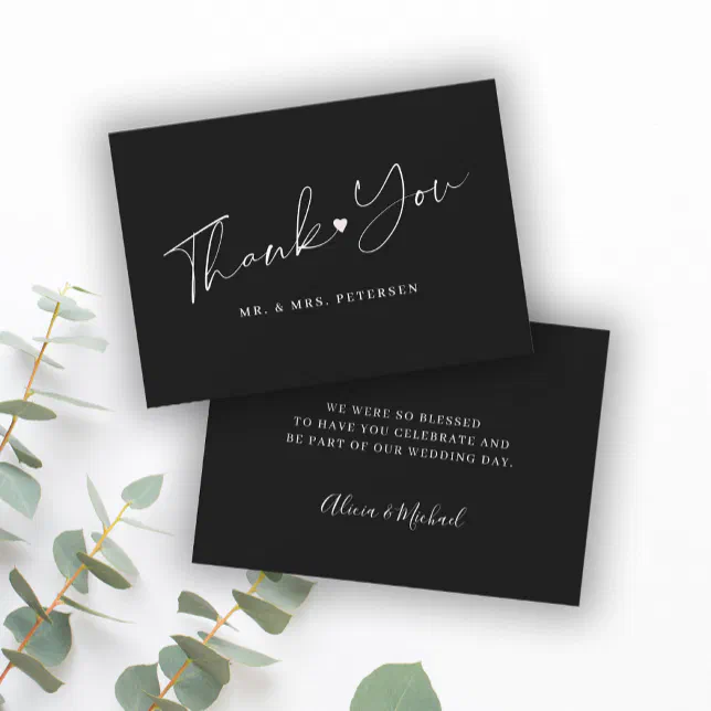 Budget black and white wedding thank you script note card | Zazzle