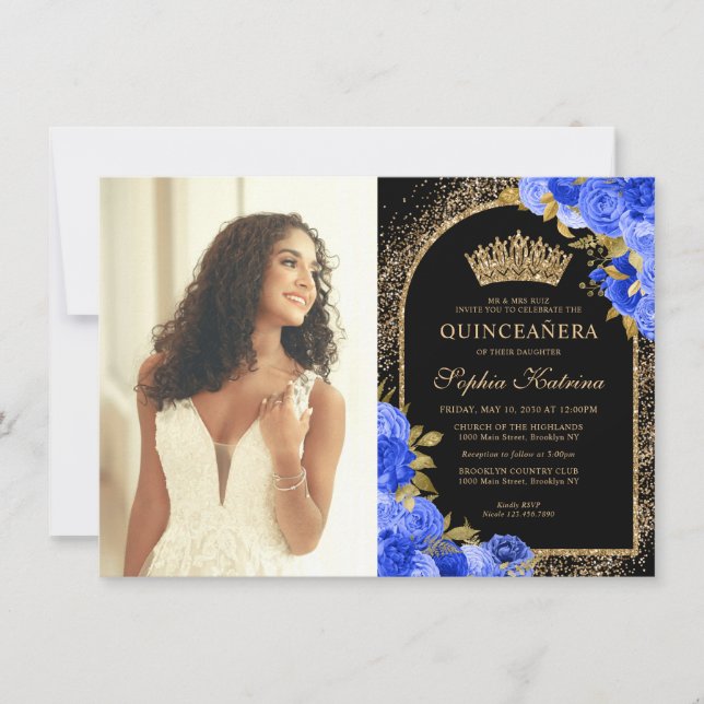 Budget Black Blue Gold Floral Photo Quinceanera Note Card (Front)