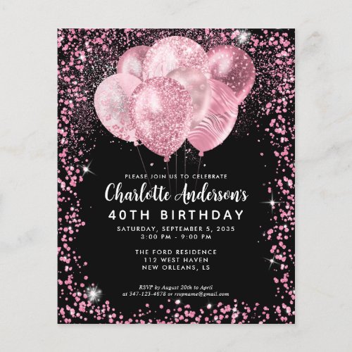 Budget Black Blush Pink Glitter Balloon Birthday Flyer