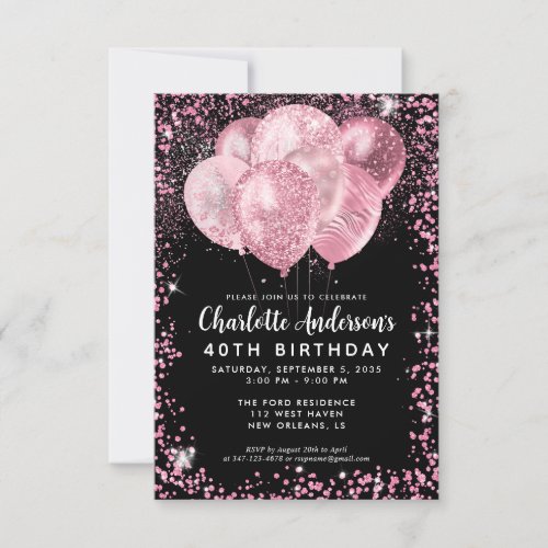 Budget Black Blush Pink Glitter Balloon Birthday Note Card