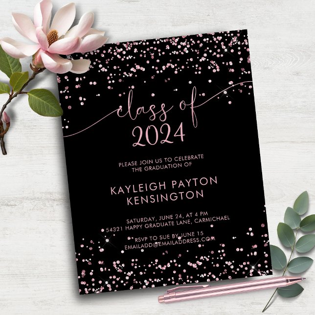 BUDGET Black Blush Pink Glitter Graduation Party (BUDGET Black Blush Pink Glitter Graduation Party Invitation)