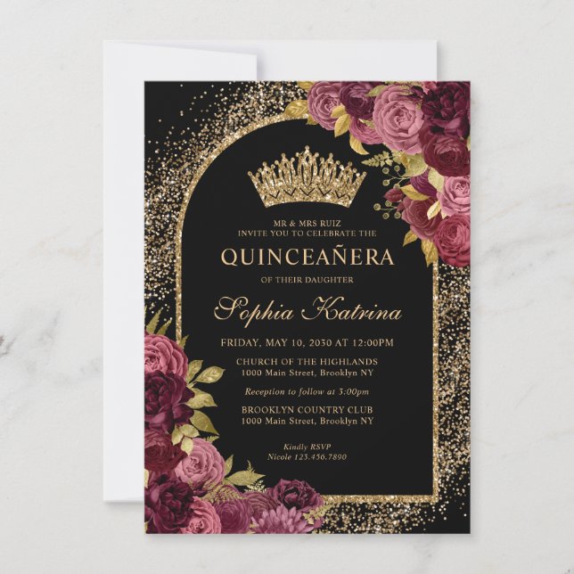 Budget Black Burgundy Glam Gold Floral Quinceanera Note Card (Front)