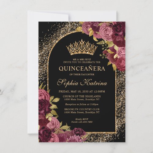 Budget Black Burgundy Glam Gold Floral Quinceanera Note Card