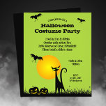 Budget Black Cat Halloween Invitation Flyer<br><div class="desc">Small 4.5" x 5.6" affordable paper flyers feature bats in the sky flying above a green-eyed black, a black cat and leering jack o' lanterns against a full moon. Fun for Halloween costume party invitations, kid's birthday party invitations, adult Halloween costume party invitations or any event. Printed on value 80...</div>