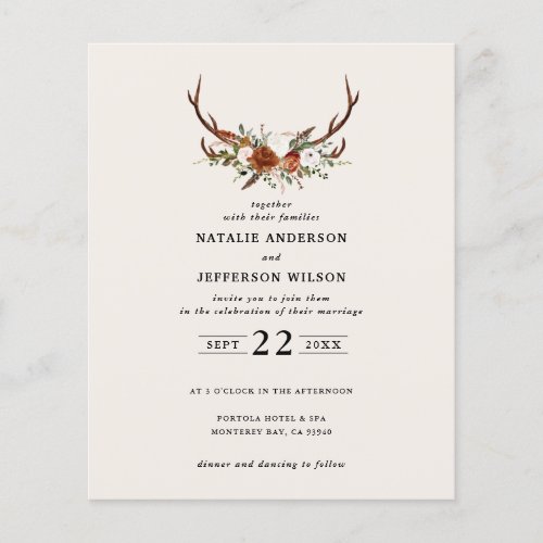 Budget black chic floral stag wedding invitation flyer