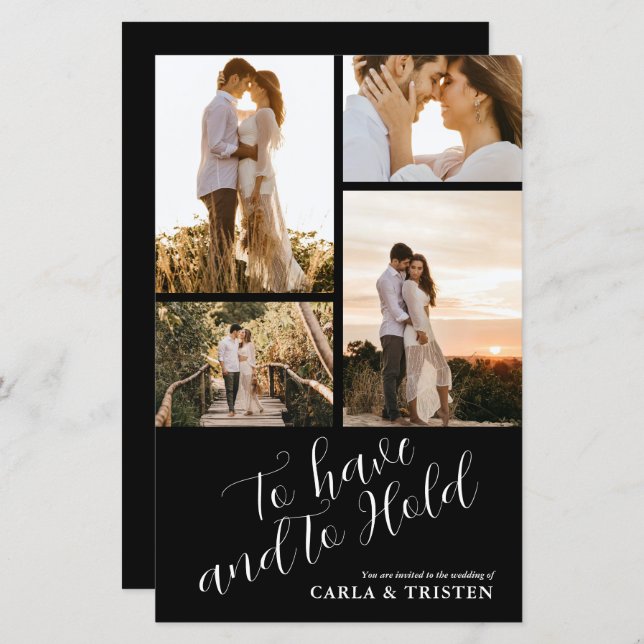 Budget Black Collage 4 Photo Wedding Invitation (Front/Back)