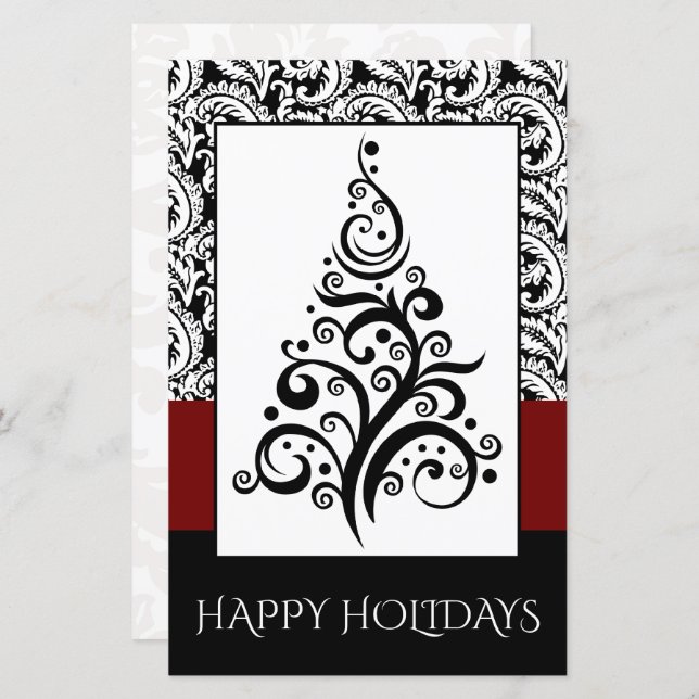 Budget Black Damask Christmas Tree Holiday Card (Front/Back)