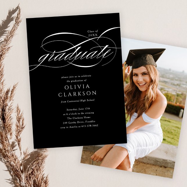 Budget Black Elegant Script Photo Graduation Party Invitation (Creator Uploaded)