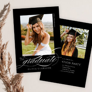 Budget Black Elegant Script Photo Graduation Party Invitation