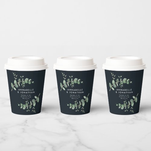 Budget black eucalyptus botanical wedding decor paper cups