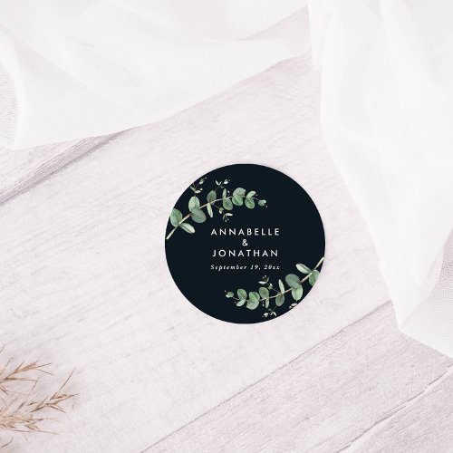 Budget black eucalyptus foliage wedding favor classic round sticker