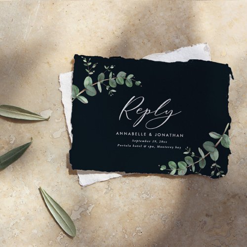 budget black Eucalyptus Greenery Wedding reply Note Card