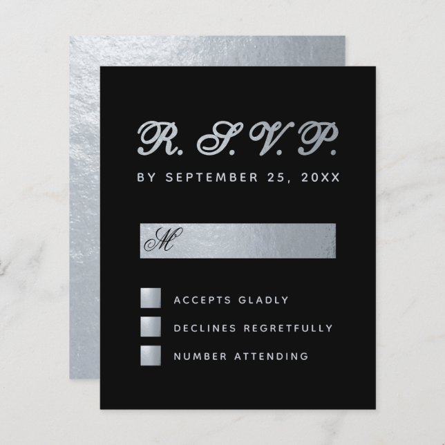 Budget Black Faux Silver Calligraphy Wedding RSVP (Front/Back)