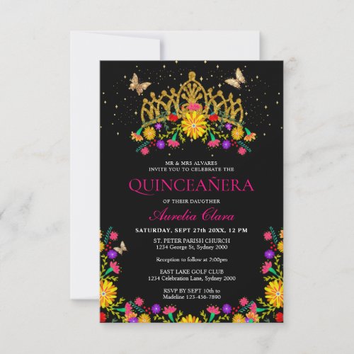 Budget Black Fiesta Floral Gold Tiara Quinceanera Note Card
