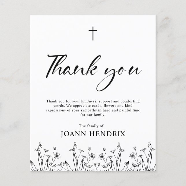 Budget Black Floral Memorial Thank you Card (Front)